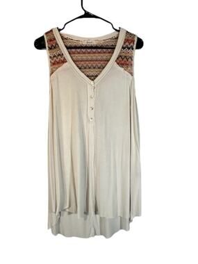 Faveur White Sleeveless Boho Aztec Henley Long Tank Top Women Sz M